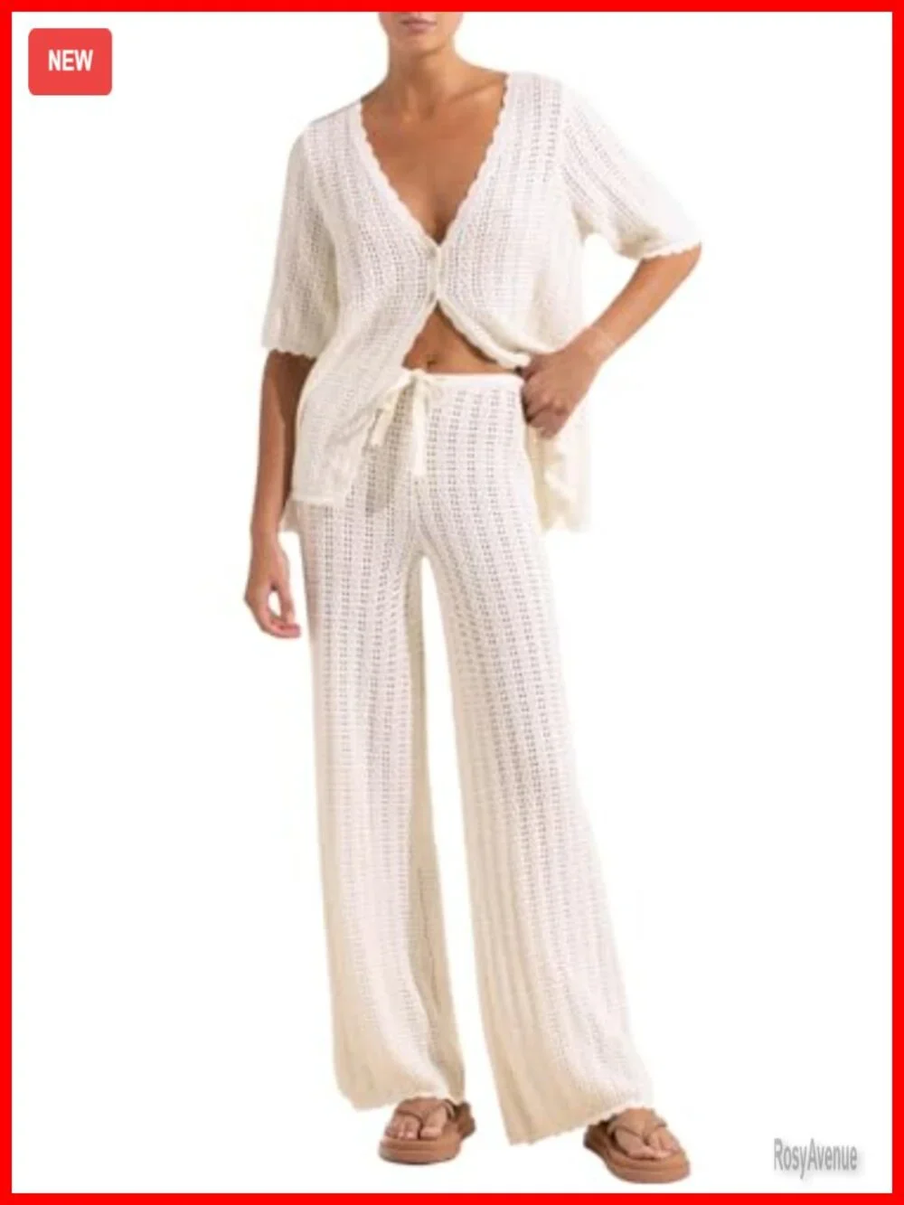Summer 2 Piece Swimsuit Cover Up Crochet Knit Cardigan Tops Long Pants Set